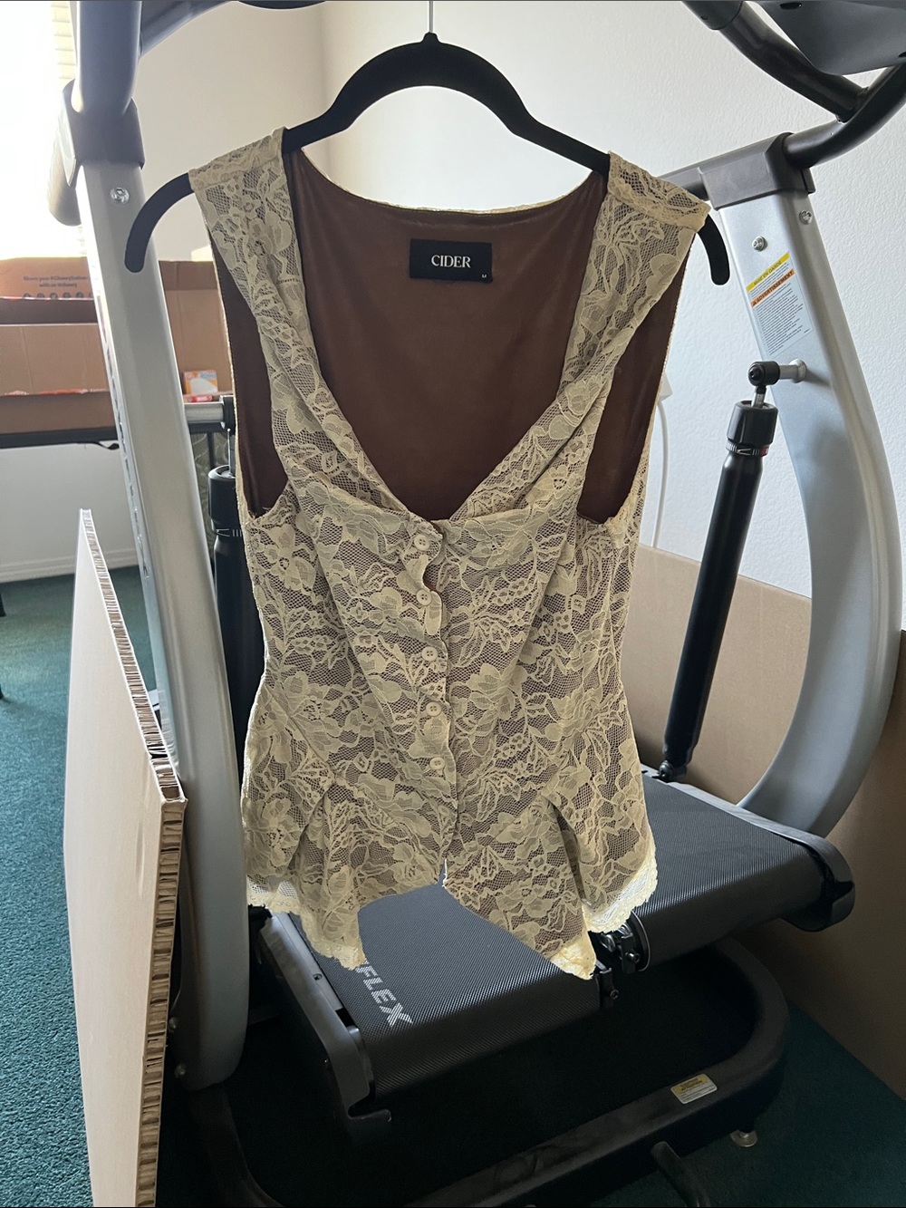 Cider cream lace & brown peplum button-up vest in Medium